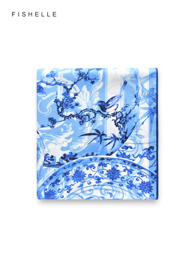 Face Scarf Mask - Bunga biru burung 100% syal sutra